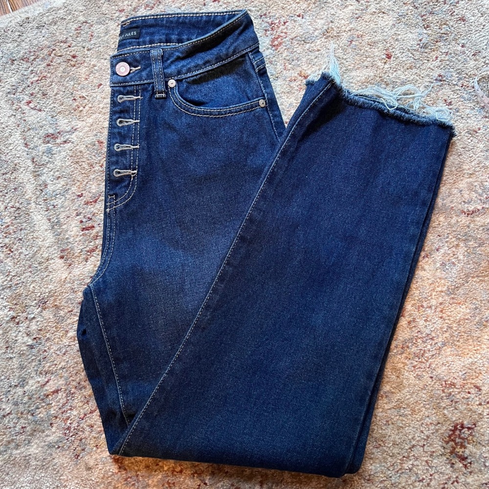 Sincerely Jules Dark Wash High Rise Button Fly Raw Hem Straight Leg Jeans 0/24
